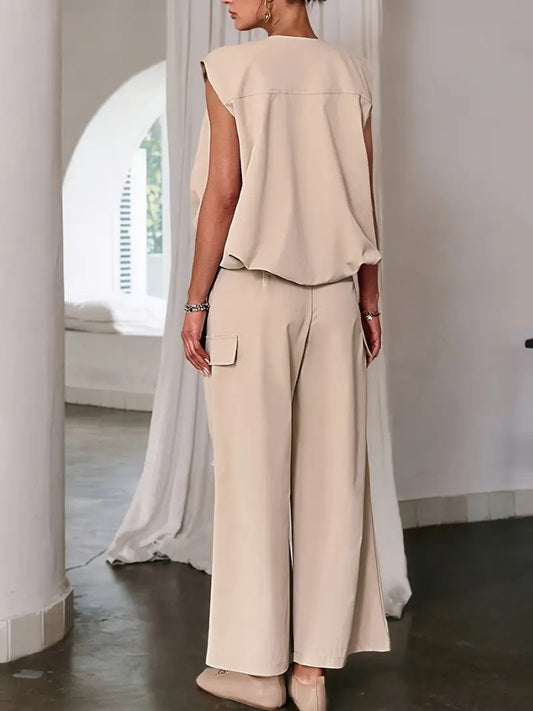 CM-ST460904 Women Elegant Seoul Style Solid Color Sleeveless V-Neck Button Details Drawstring Vest With Pants - Set