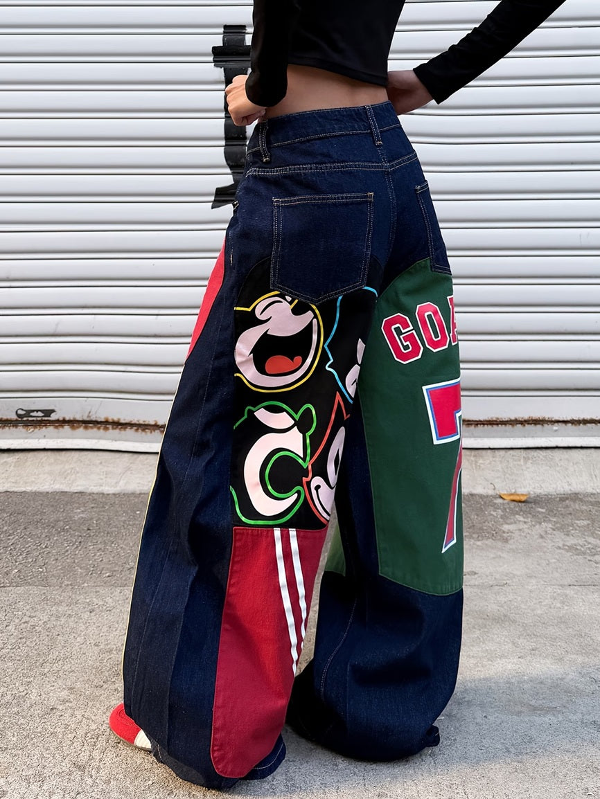 CM-BT608328 Women Casual Seoul Style Multi-Color Contrast Patchwork Letter And Number Cartoon Print Design Jeans