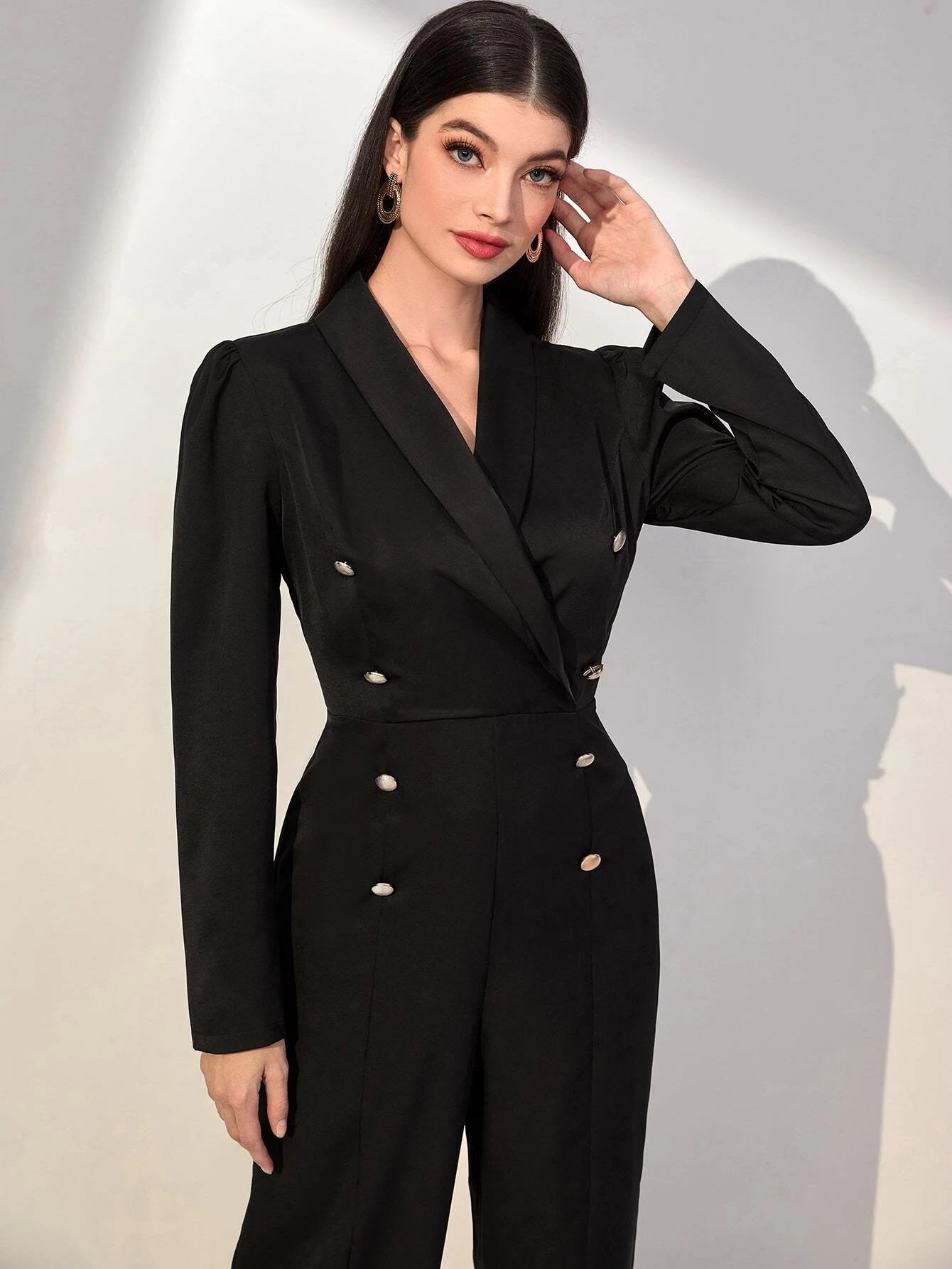 CM-JS042862 Women Elegant Seouol Style Shawl Neck Puff Sleeve Double Breasted Split Hem Jumpsuit