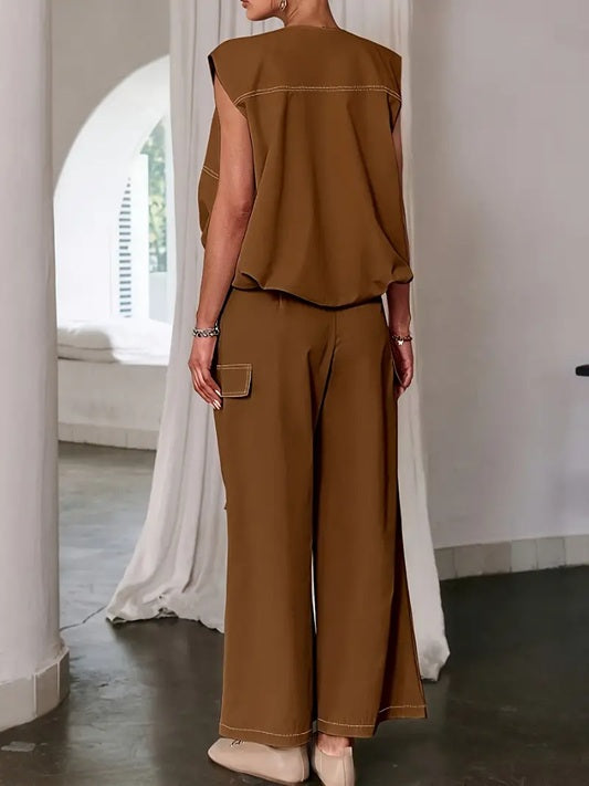 CM-ST460904 Women Elegant Seoul Style Solid Color Sleeveless V-Neck Button Details Drawstring Vest With Pants - Set