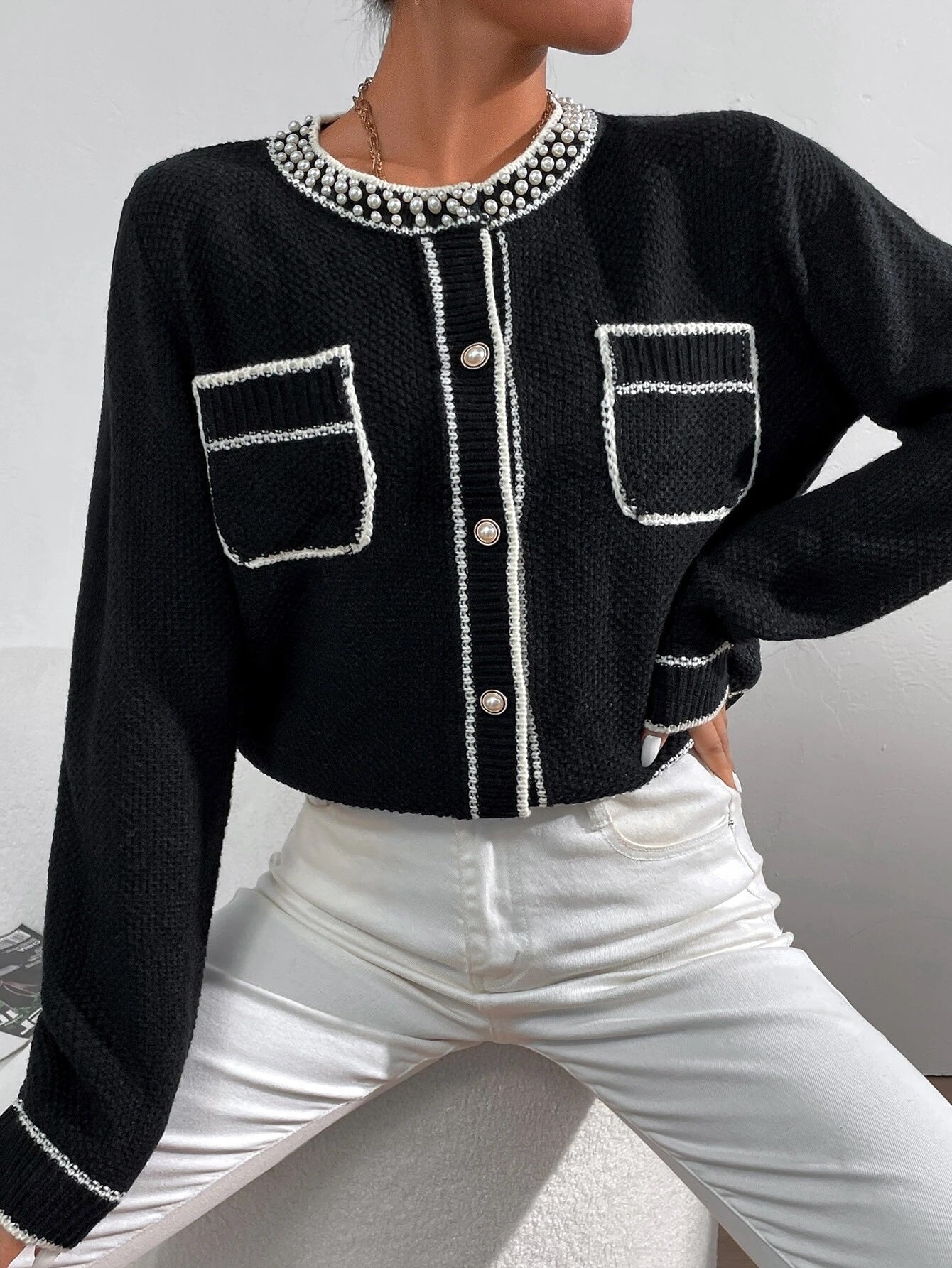 CM-CS226247 Women Casual Seoul Style Pearl Beaded Pocket Patched Cardigan - Black