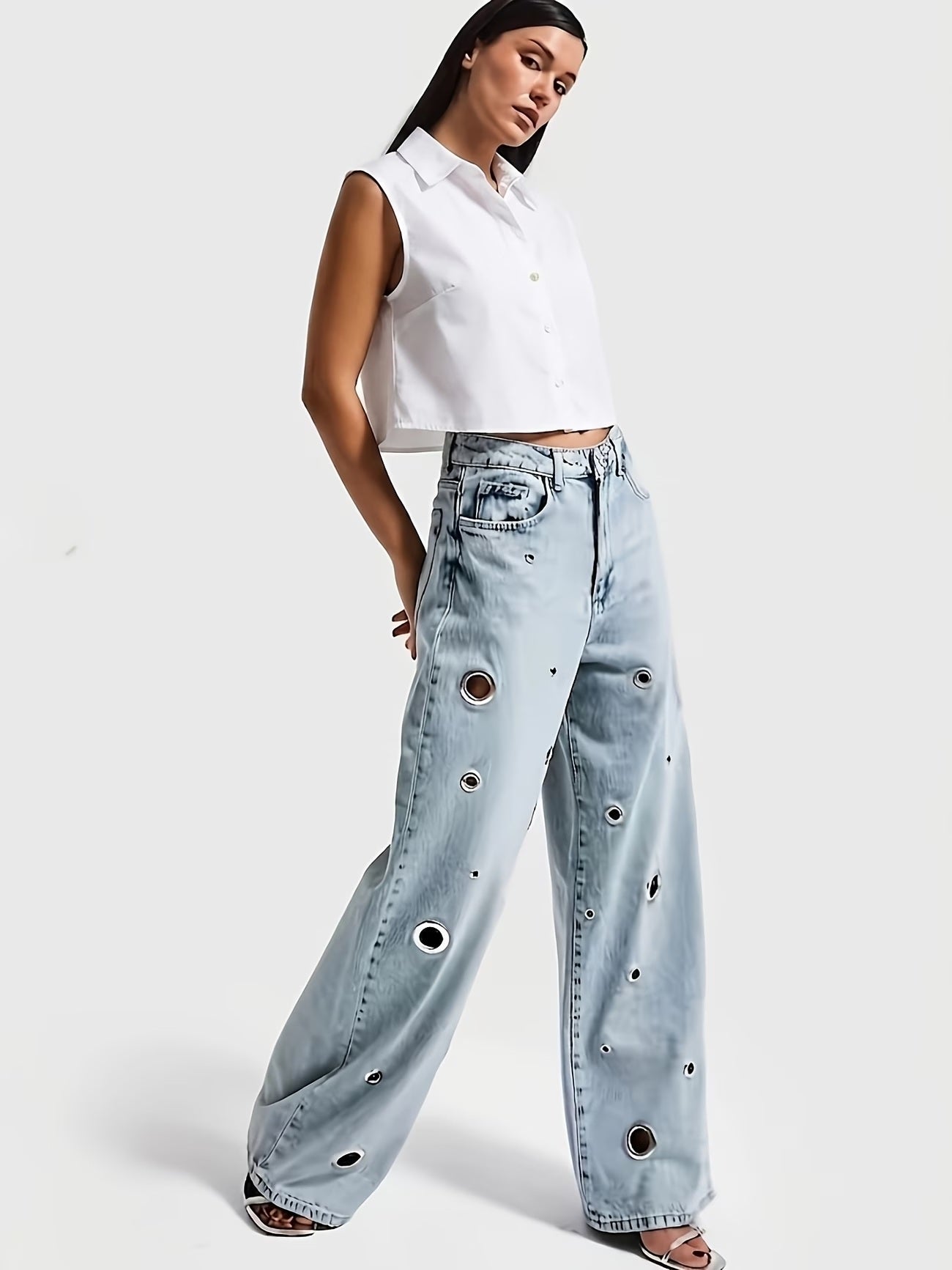 CM-BT466345 Women Casual Seoul Style High-Waist Multi-Size Metal Eyelet Cutout Wide-Leg Jeans - Light Blue