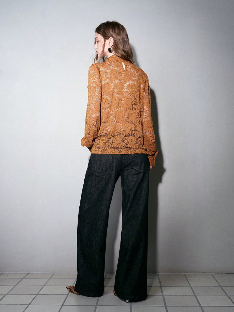 CM-TS022052 Women Elegant Seoul Style Lace Tie Neck Stand Collar Long Sleeve Blouse - Khaki