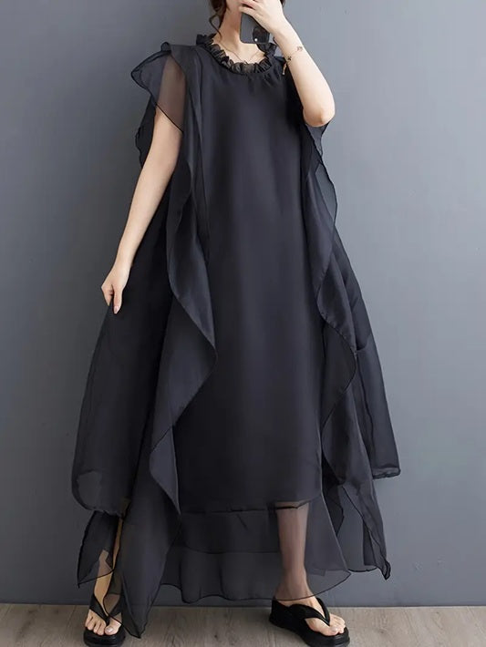 CM-DT040135 Women Elegant Seoul Style Round Neck Double Layer Organza Mesh Sleeveless Ruffle Trim Dress - Black