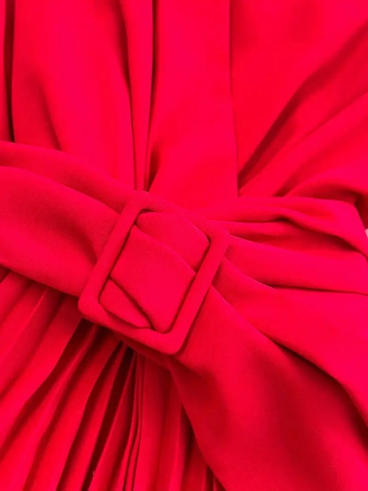 CM-DT212875 Women Elegant Seoul Style Deep V-Neck Long Sleeve Flowy Belted Maxi Dress - Red