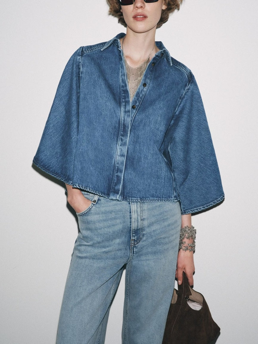 CM-CT274713 Women Elegant Seoul Style Medium Wash V-Neck Long Sleeve Loose Denim Jacket