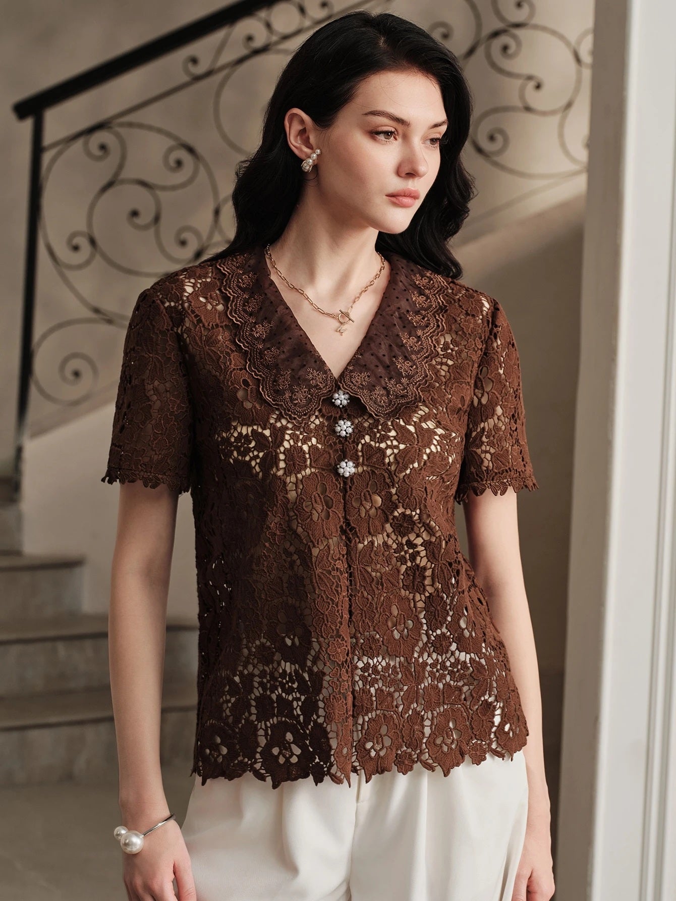 CM-TS966908 Women Elegant Seoul Style Hollow Lace Fabric Embroidery V-Neckline Short Sleeve Top - Coffee Brown