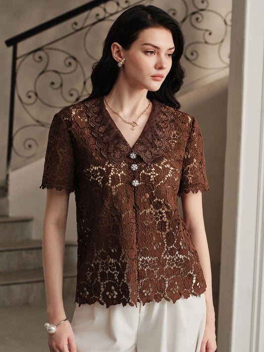 CM-TS966908 Women Elegant Seoul Style Hollow Lace Fabric Embroidery V-Neckline Short Sleeve Top - Coffee Brown