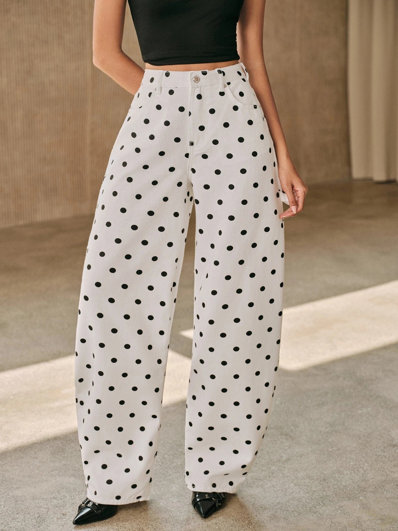 CM-BS387235 Women Casual Seoul Style Mid Waist All Over Print Polka Dot Curved Wide Leg Jeans - White