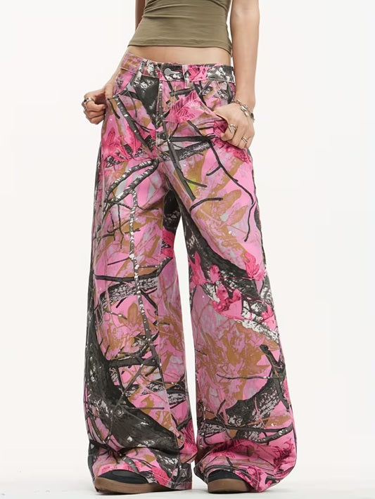 CM-BT141791 Women Casual Seoul Style Mid Waist Graffiti Maple Leaf Print Loose Wide Leg Jeans