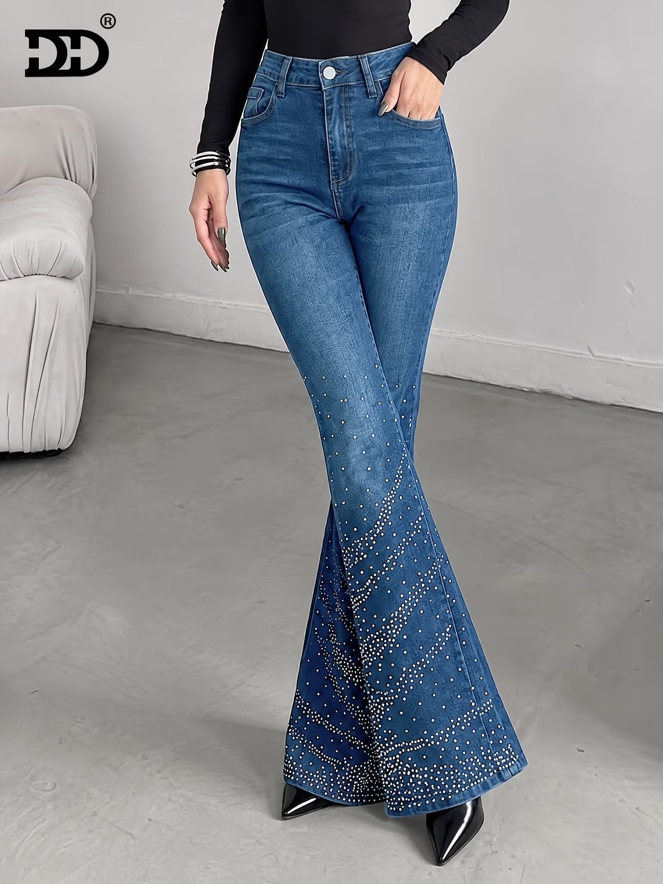 CM-BT960384 Women Casual Seoul Style Medium Wash Rhinestone-Embellished Flared Jeans