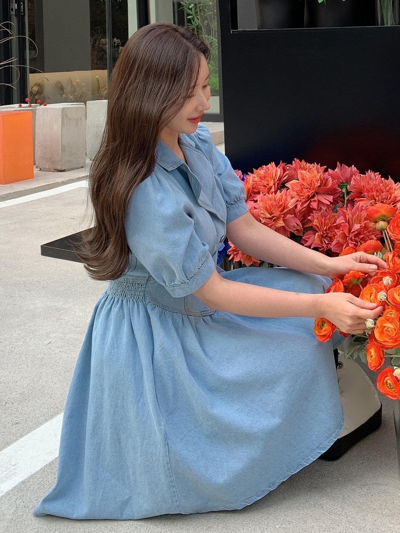 CM-DS727770 Women Casual Seoul Style Lapel Collar Puff Sleeve Button Front Shirt Denim Dress