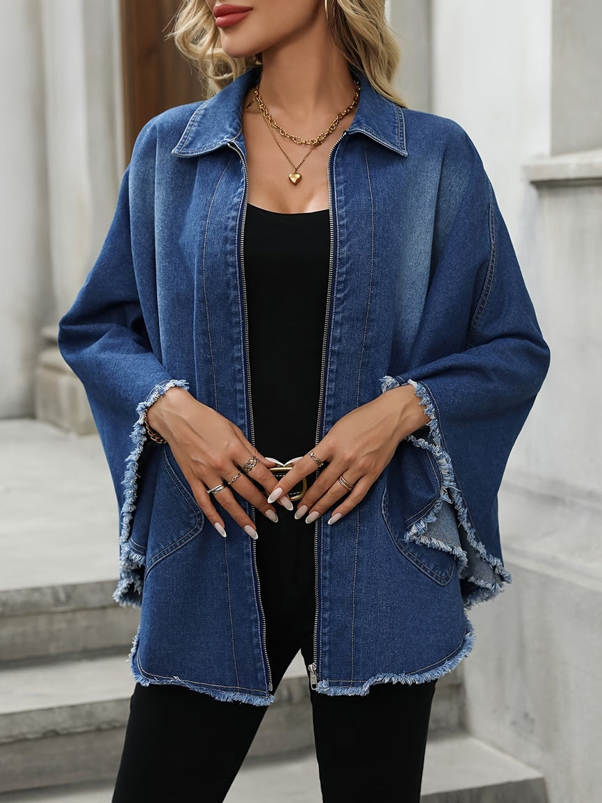 CM-CT158142 Women Casual Seoul Style Collar Neckline Cape Sleeve Loose Denim Jacket - Dark Blue