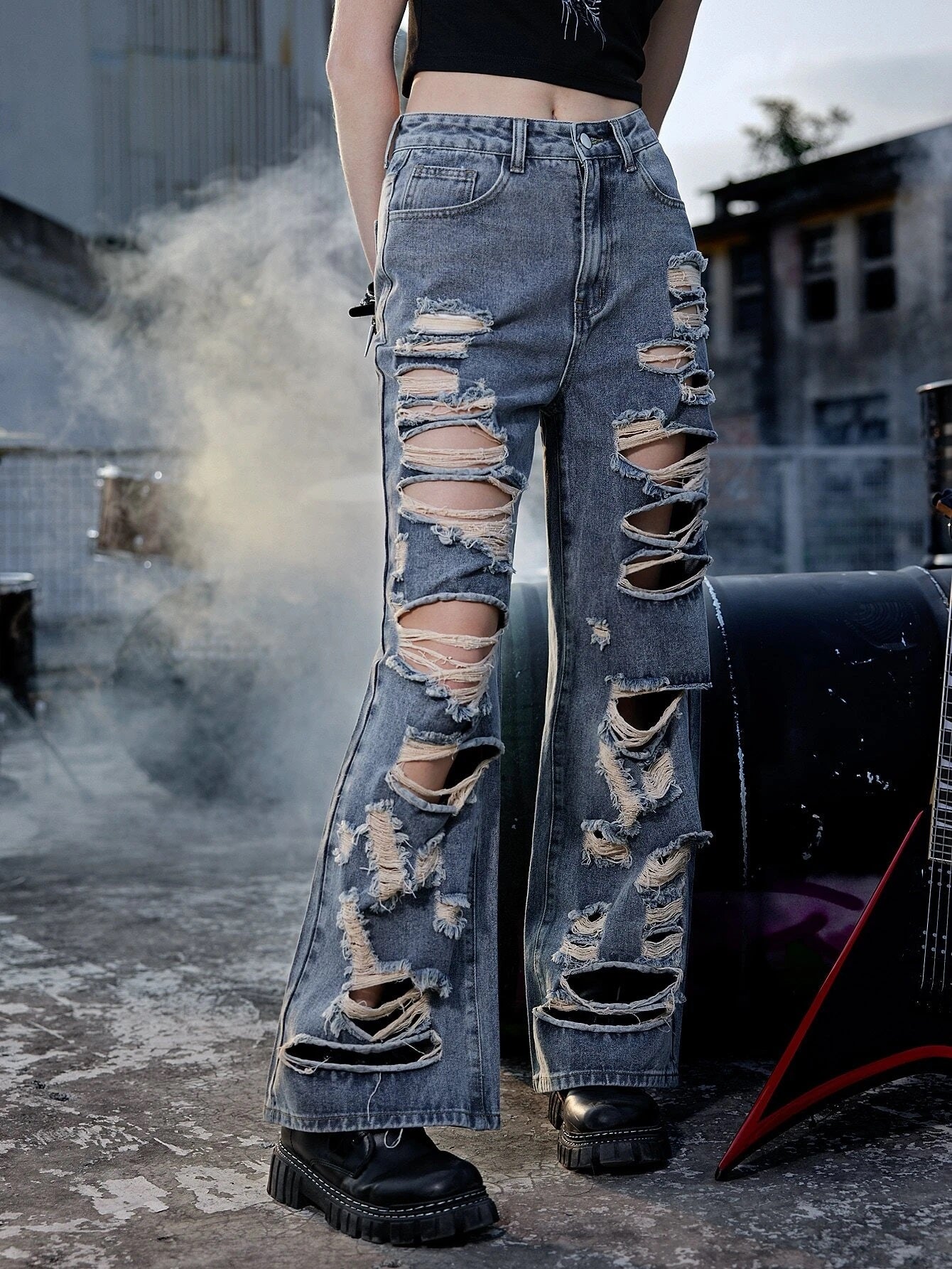 CM-BS274755 Women Preppy Seoul Style Dark Wash Punk Ripped Wide Leg Jeans