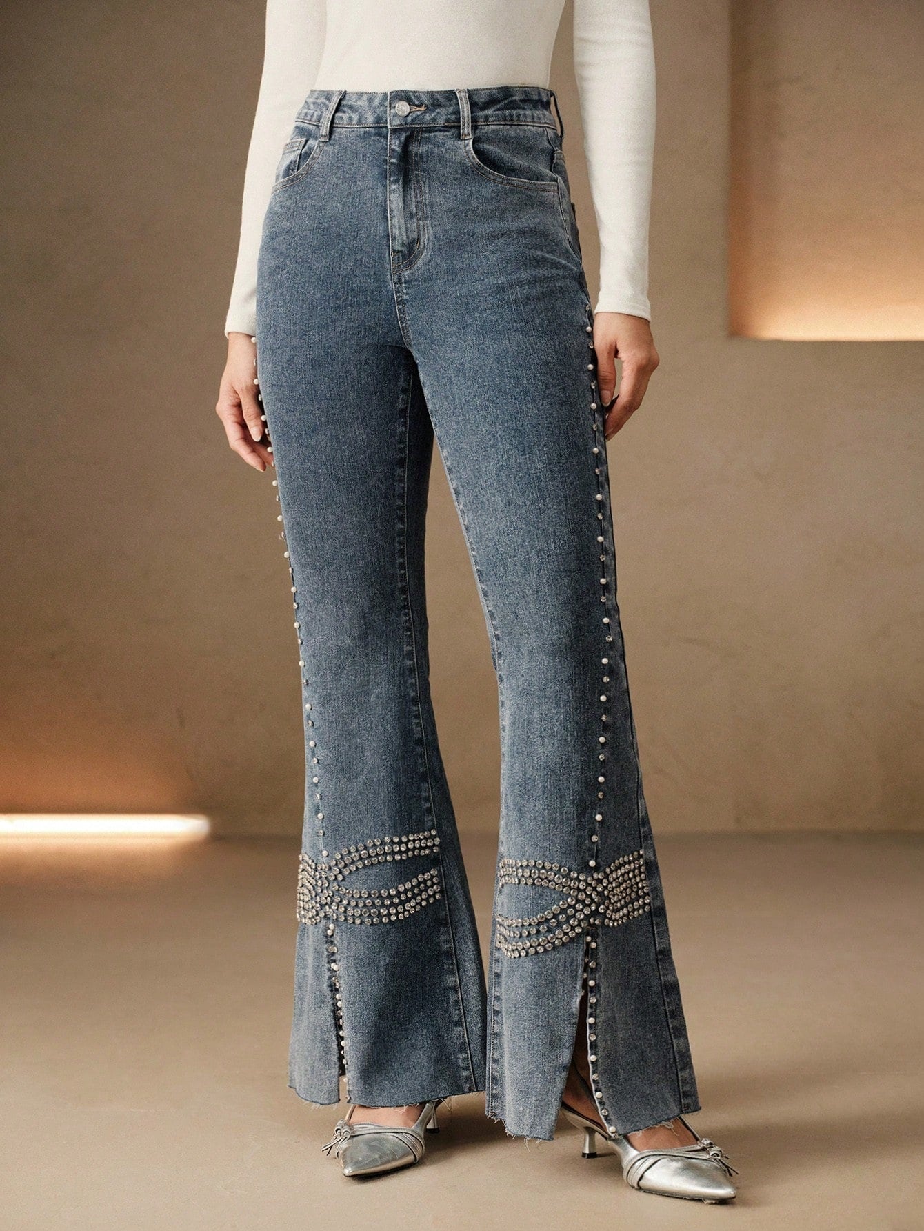 CM-BS559902 Women Elegant Seoul Style Low Waist Rhinestone Bow Flared Leg Split Hem Bell Bottom Jeans