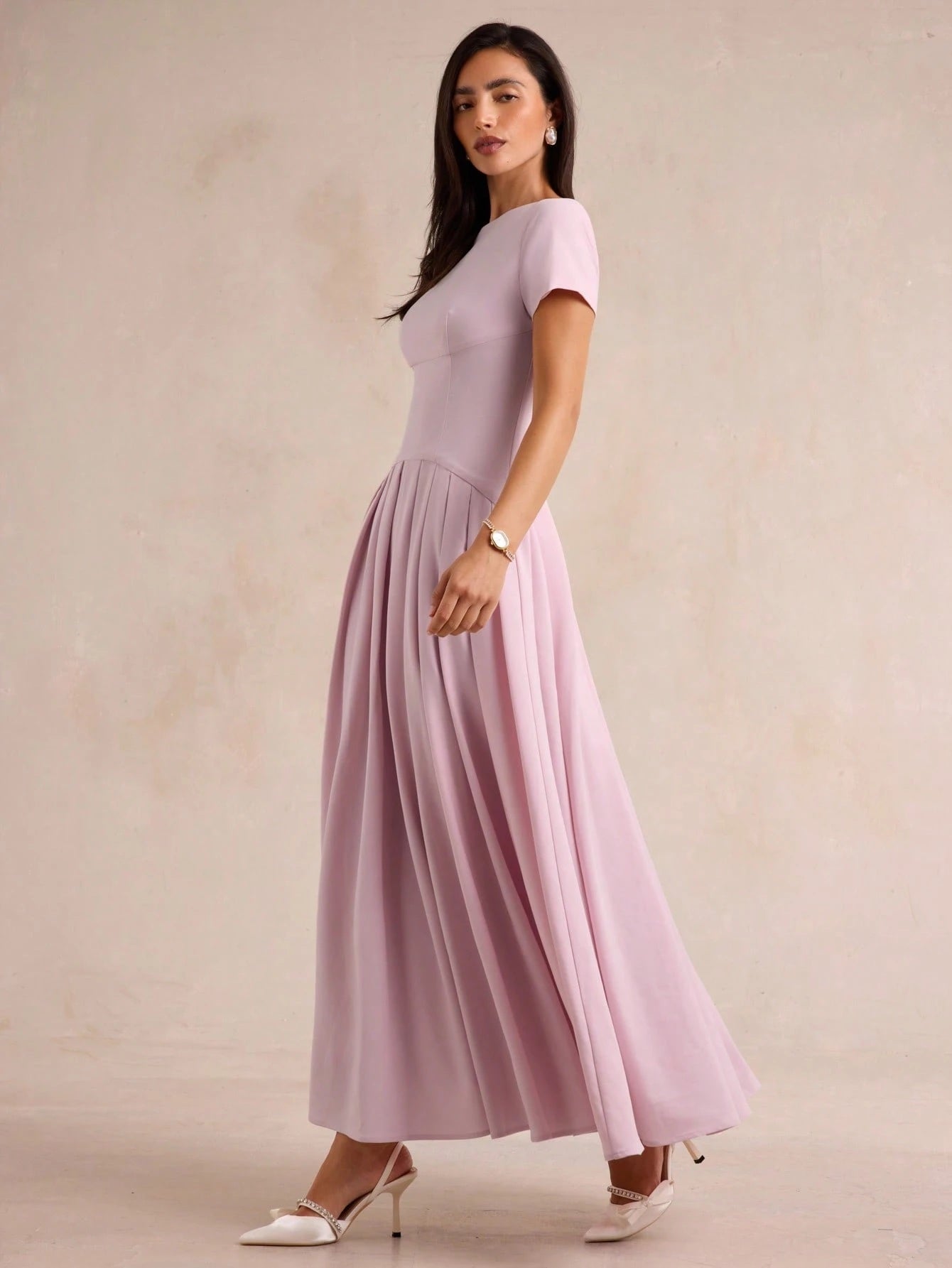 CM-DS880939 Women Elegant Seoul Style Round Neck Short Sleeve High Waist Pleated Long Dress - Pink