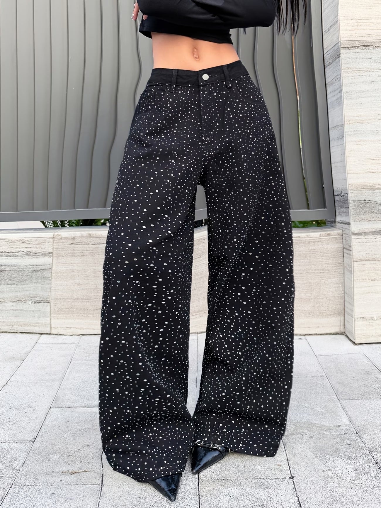 CM-BT984599 Women Elegant Seoul Style Sequined High-Waist Loose Wide Leg Jeans - Black