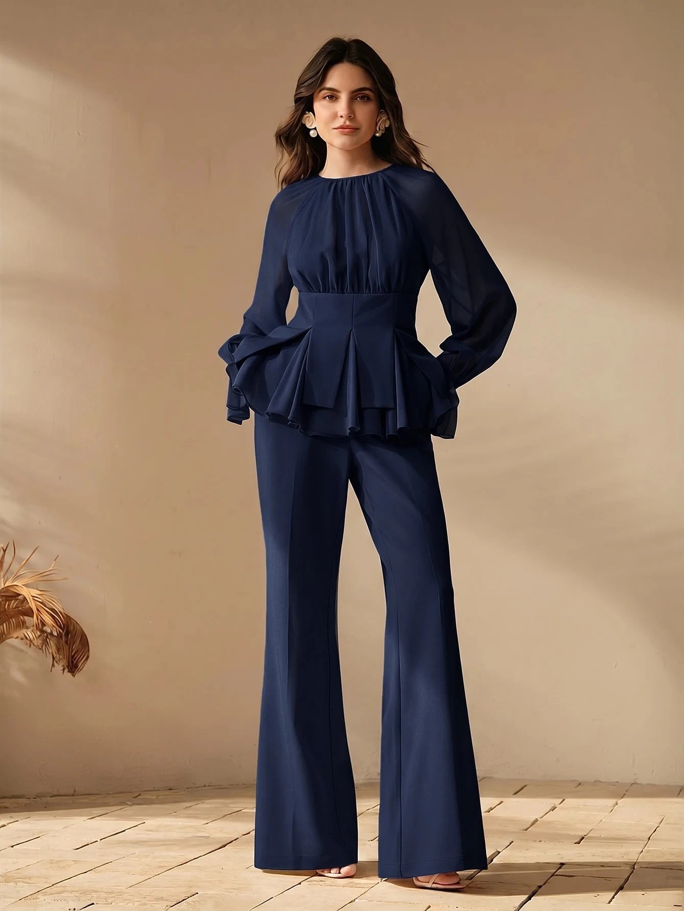 CM-SS854731 Women Elegant Seoul Style Round Neck Long Sleeve Chiffon Patchwork Blouse With Flared Leg Pants - Set