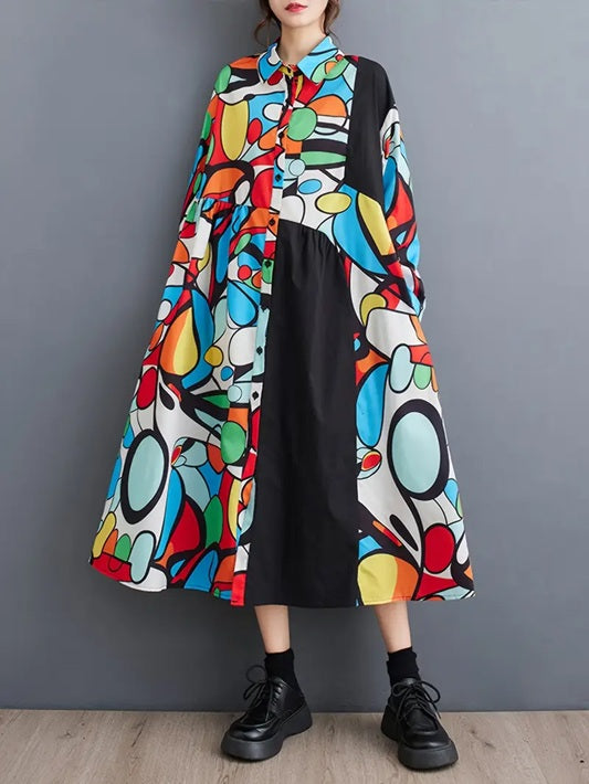 CM-DT105914 Women Casual Seoul Style Geometric Pattern Collar Neckline Long Sleeve Asymmetrical Hem Dress