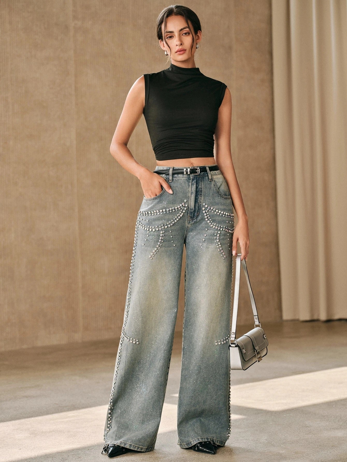 CM-BS803378 Women Casual Seoul Style Mid Waist Iridescent Rhinestone Straight Leg Jeans - Blue