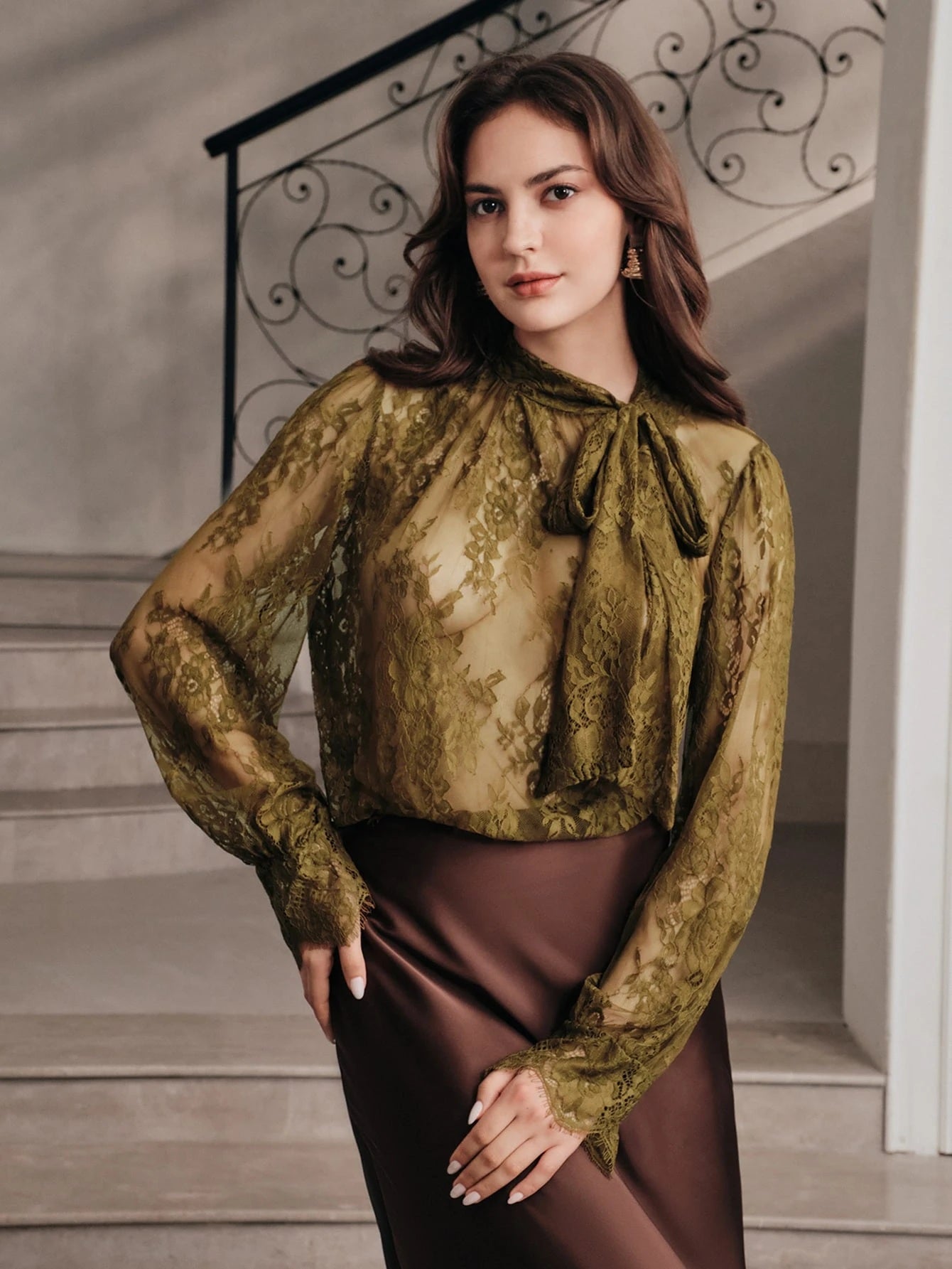 CM-TS414367 Women Elegant Seoul Style Tie Neck Extra Long Sleeve Lace Floral Blouse - Army Green