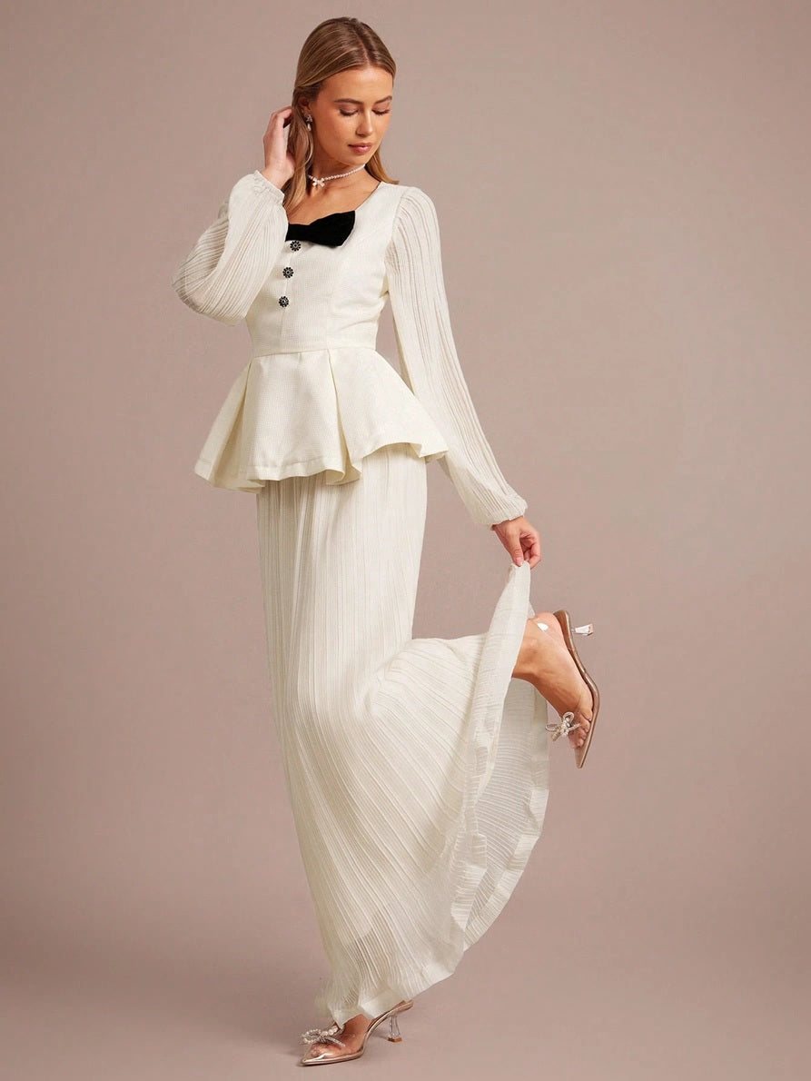 CM-SS032569 Women Elegant Seoul Style Square Neck Bow Decor Lantern Sleeve Ruffle Hem Top With Long Pleated Skirt - Set