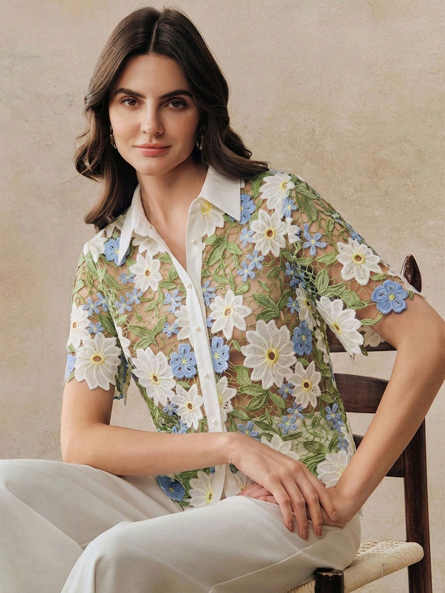 CM-TS121784 Women Elegant Seoul Style Hollow Floral Shape Pattern Short Sleeve Half-Round White Pearl Button Shirt