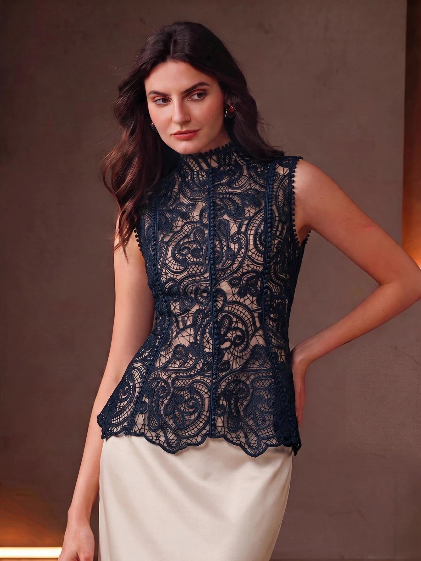 CM-TS617242 Women Elegant Seoul Style Stand Collar Sleeveless Lace Hollow Patchwork Ruffle Waist Cinched Tank Top - Navy Blue