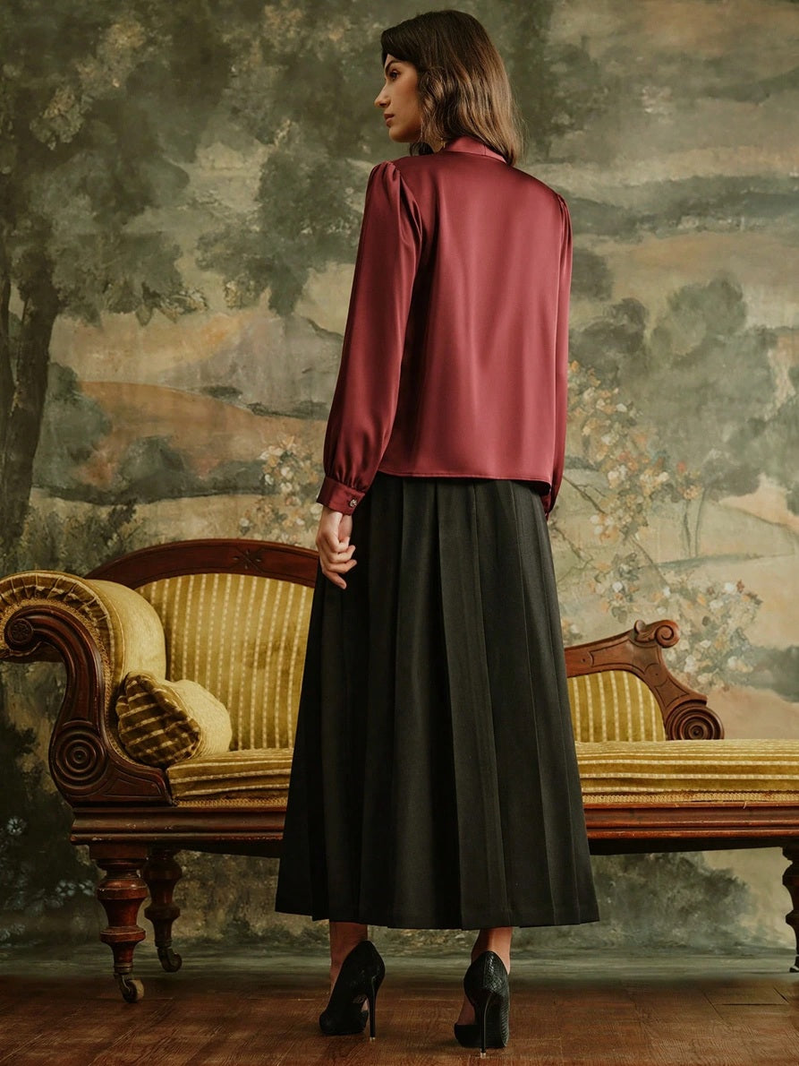 CM-SS488279 Women Elegant Seoul Style V-Neck Long Sleeve Top With Leather Strap Pleated Skirt - Set