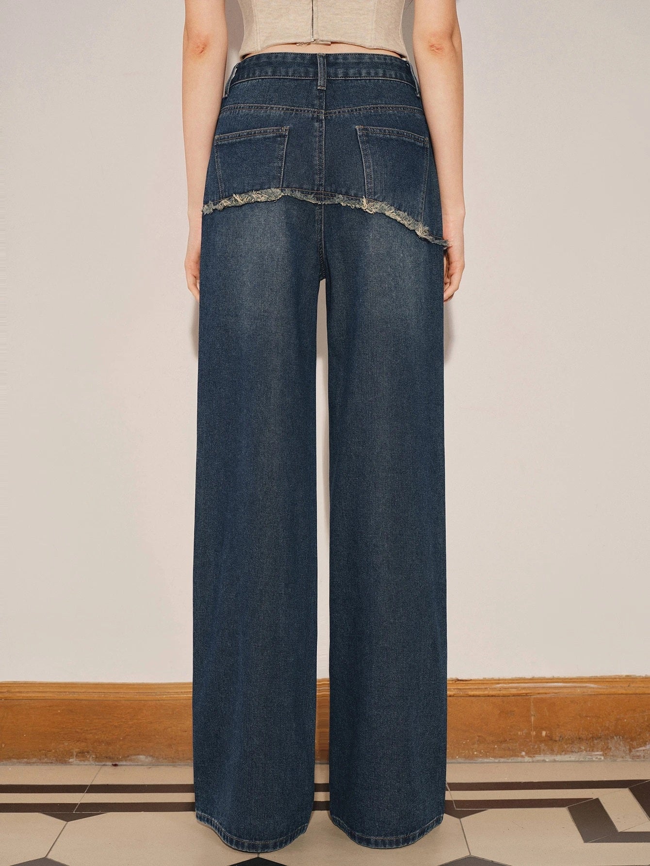 CM-BS615053 Women Casual Seoul Style Mid Waist Rhinestone Embellished Straight Leg Loose Denim Jeans - Blue
