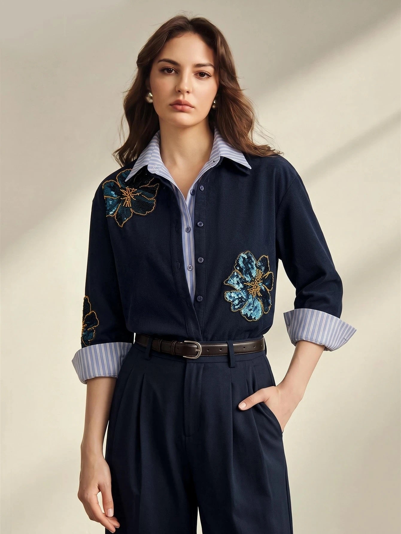 CM-TS565155 Women Elegant Seoul Style Striped Corduroy 2 In 1 Design Embroidery Applique Loose Fit Blouse