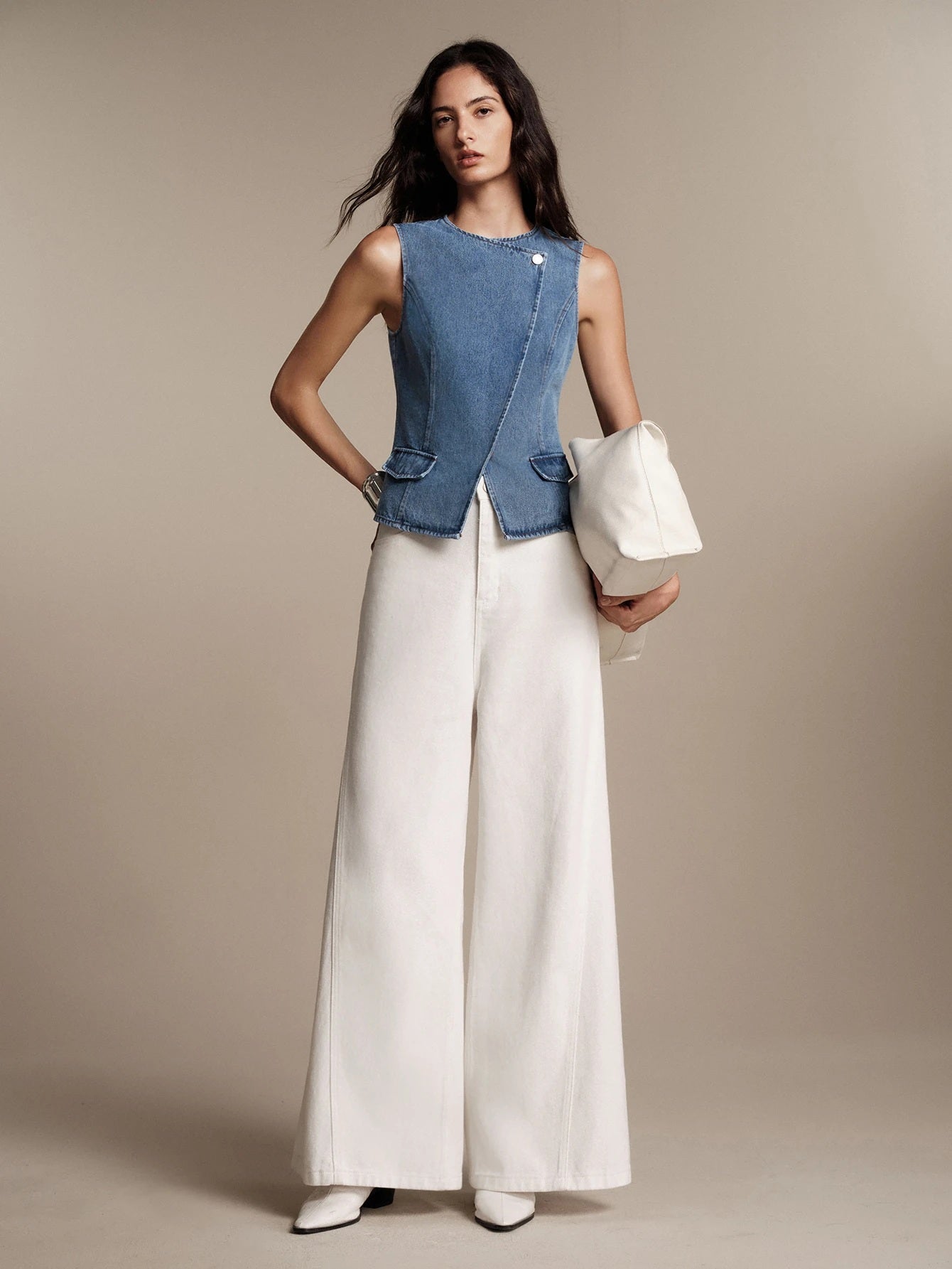 CM-BS249192 Women Casual Seoul Style Round Neck Sleeveless Waist-Cinching Asymmetrical Denim Vest - Baby Blue