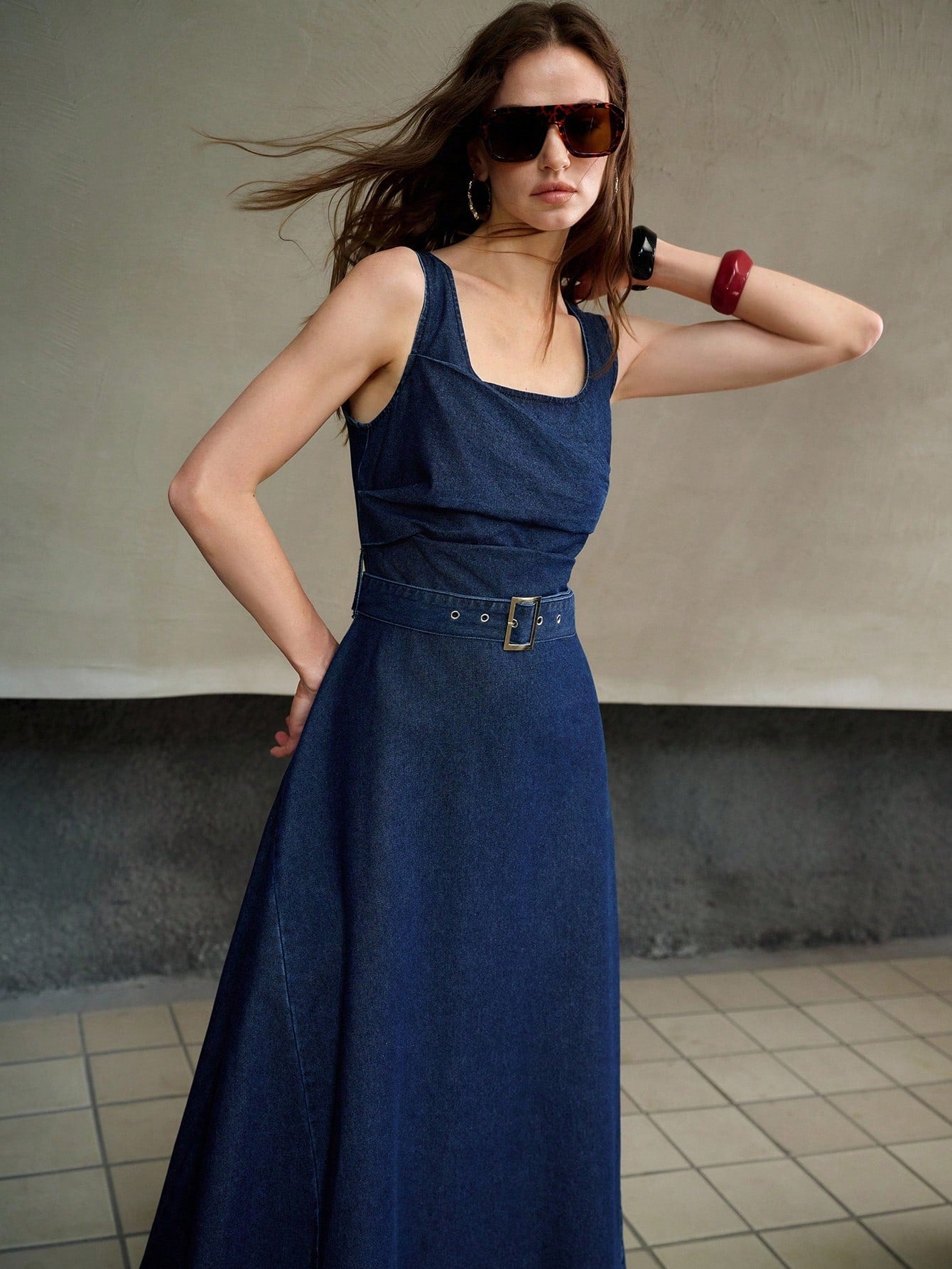 CM-DS408513 Women Elegant Seoul Style Square Neck Sleeveless Asymmetric Pleated Waist Flared Denim Dress - Blue