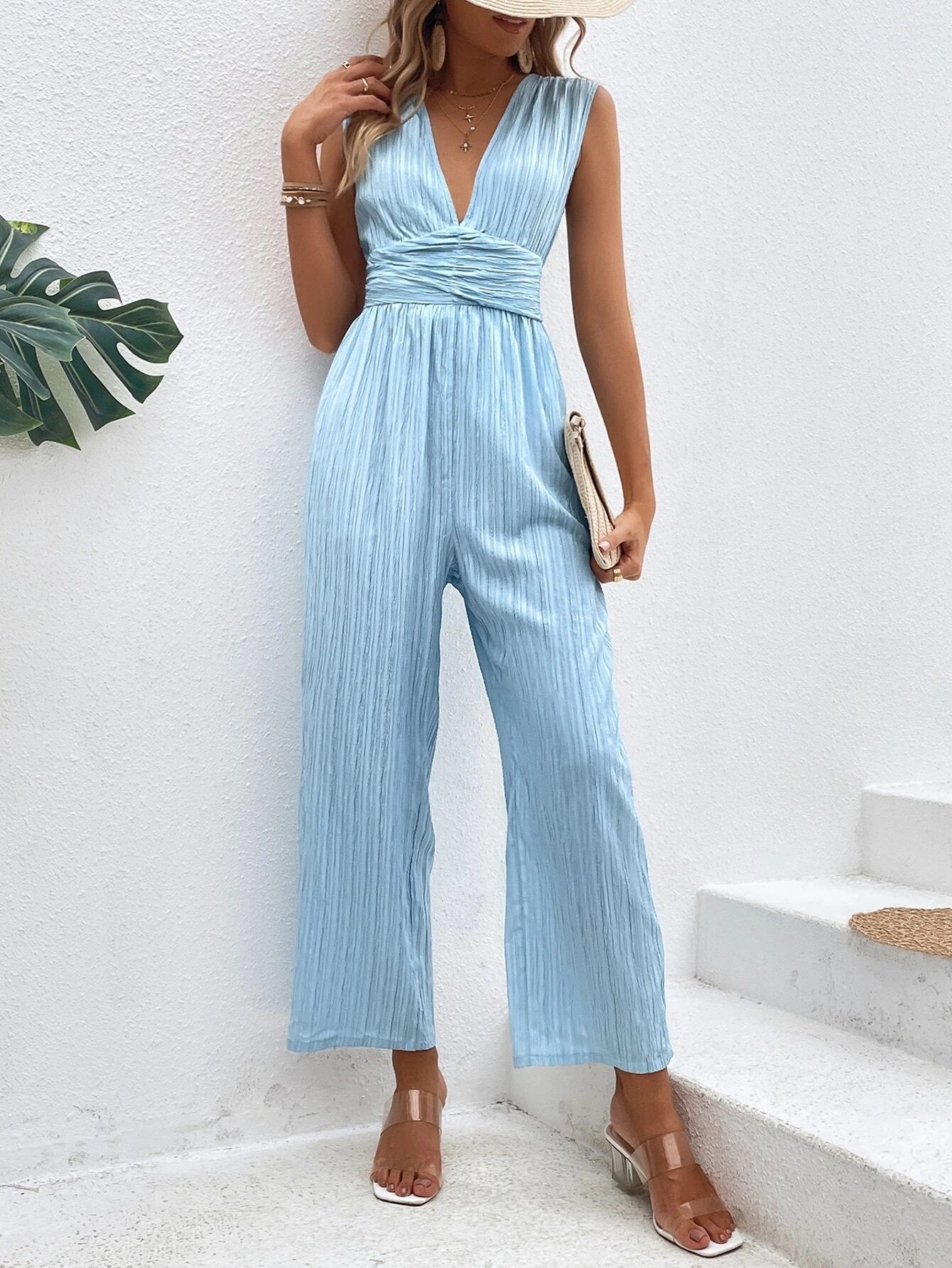CM-JS108888 Women Casual Seoul Style Plunging Neck Tie Back Wide Leg Jumpsuit - Baby Blue