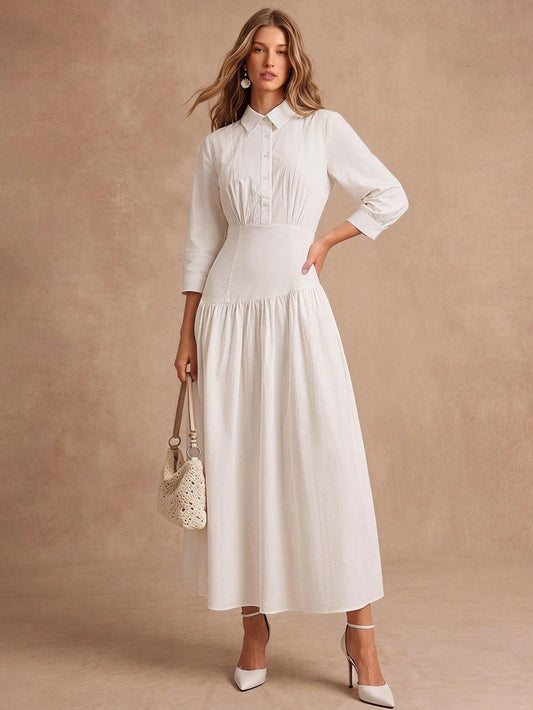 CM-DS246517 Women Elegant Seoul Style Solid Color Collar Neckline 3/4 Sleeve Pleated Waist-Cinching Dress