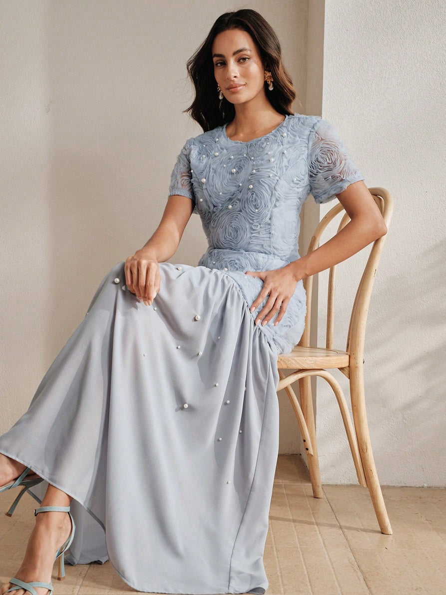CM-SS102582 Women Elegant Seoul Style Round Neck Puff Sleeve 3D Rose Beaded Top With Mesh Patchwork Skirt - Set