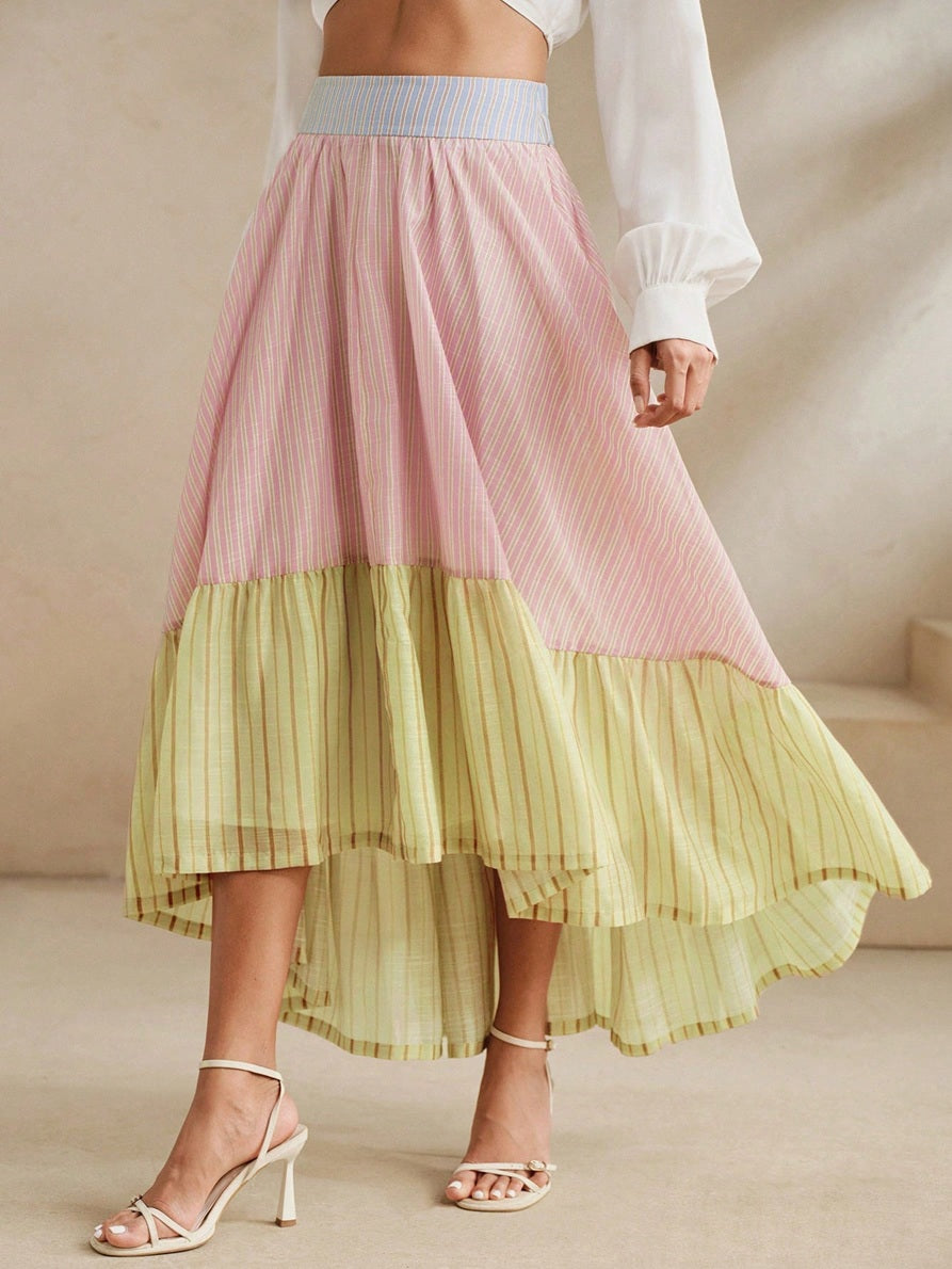 CM-BS281437 Women Tendy Bohemian Style Striped Patchwork Asymmetrical Hem High Waist Puffy A-Line Skirt