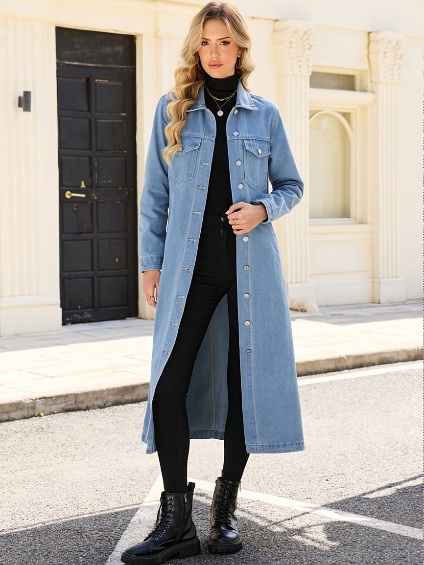 CM-CT178953 Women Casual Seoul Style Lapel Neckline Long Sleeve Knee Extended Shirt Denim Jacket - Sky Blue