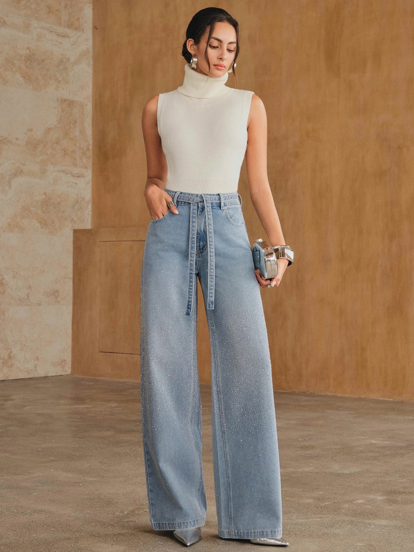 CM-BS988516 Women Elegant Seoul Style Mid Waist Rhinestone Decor Straight Leg Denim Jeans With Belt