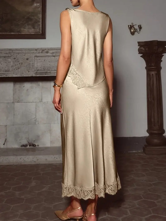 CM-ST461995 Women Elegant Seoul Style Solid Color Glossy Contrast Lace Splicing Vest With Long Skirt - Set