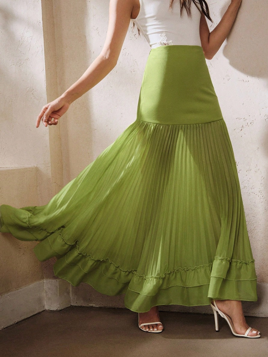 CM-BS352823 Women Elegant Seoul Style Mid-Waist Knitted Bodycon Pleated Fishtail Hem Skirt - Green
