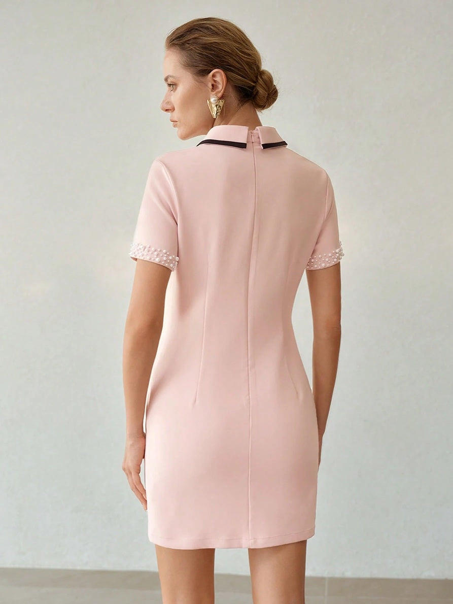 CM-DS438295 Women Elegant Seoul Style Collar Neckline Short Sleeve Minimalist Mini Dress - Pink