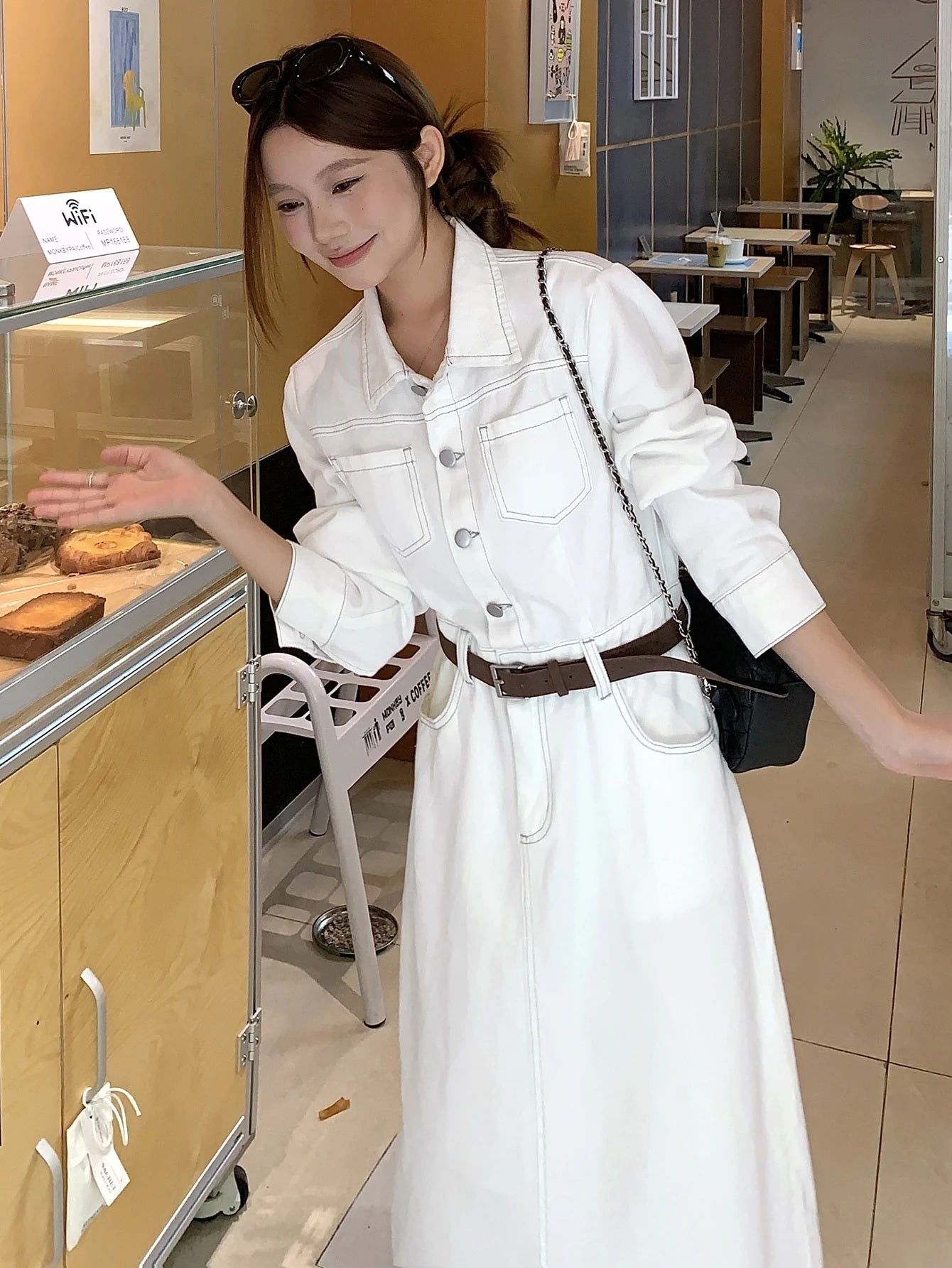 CM-DS982217 Women Casual Seoul Style Collar Neckline Long Sleeve Button Half-Placket Denim Dress - White
