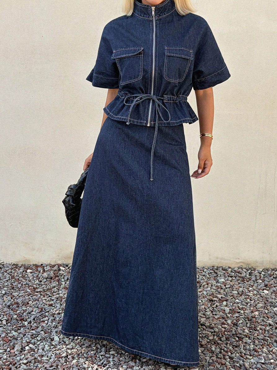 CM-SS535527 Women Casual Seoul Style Stand Collar Short Sleeve Cinched Waist Drawstring Denim Top With A-Line Long Skirt - Set
