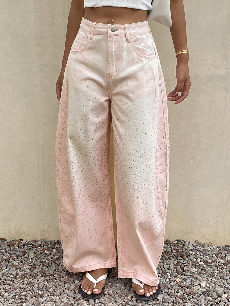 CM-BS344032 Women Casual Seoul Style Rhinestone Curved Leg Loose Long Denim Pants - Pink
