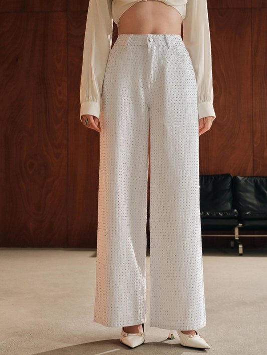CM-BS873557 Women Elegant Seoul Style Mid Waist Embellished Sparkling Rhinestone Straight Leg Pants - White