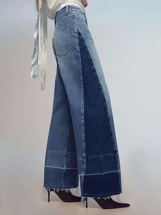 CM-BT828537 Women Casual Seoul Style Mid Waist Colorblock Patchwork Raw Hem Loose Fit Wide-Leg Jeans