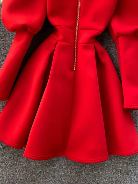 CM-DT523748 Women Elegant Seoul Style Stand-Up Collar Long Sleeve Flared Hem A-Line Short Dress - Red