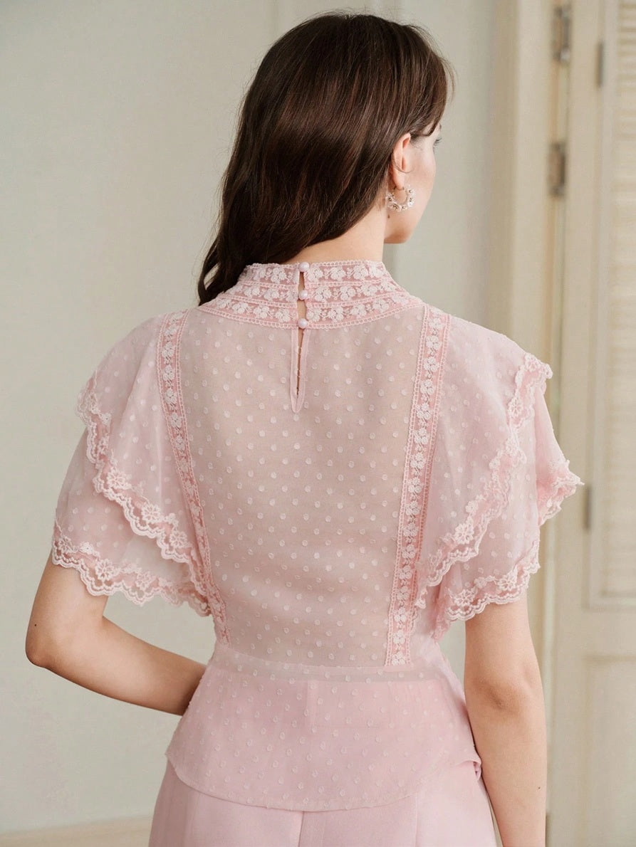 CM-TS161544 Women Elegant Seoul Style Cut-Out Chiffon Contrast Lace Trim Ruffle Short Sleeve Blouse - Pink