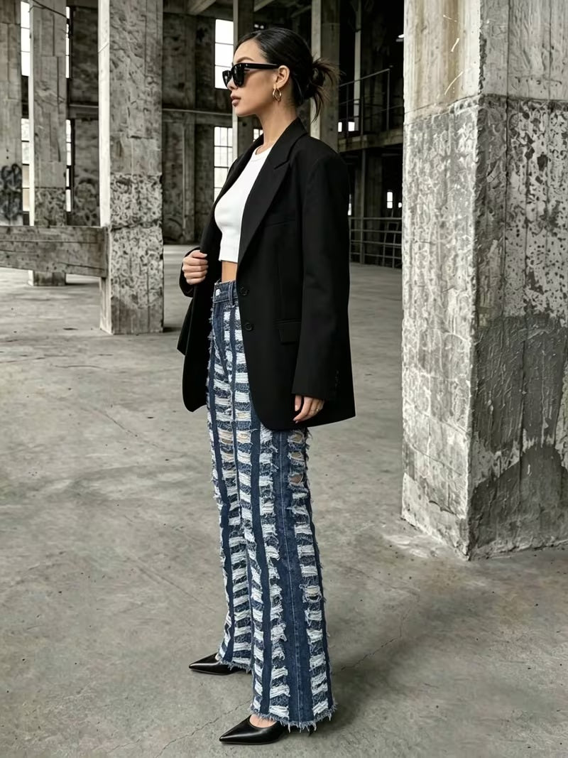CM-BT160419 Women Casual Seoul Style Hollow-Out Street-Style Distressed Denim Jeans - Deep Blue